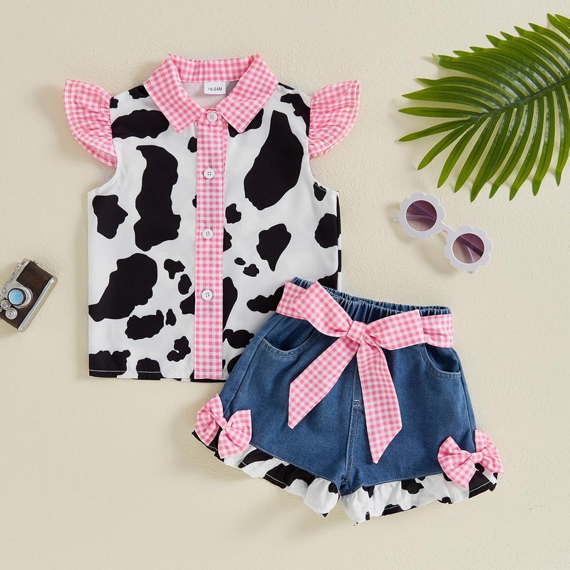 Mialoley Store Toddler Girl Denim Western Outfit Baby Cowgirl Clothes Ruffle Cow Print Shirt Button Down Tops Belted Jeans Shorts - Image 2